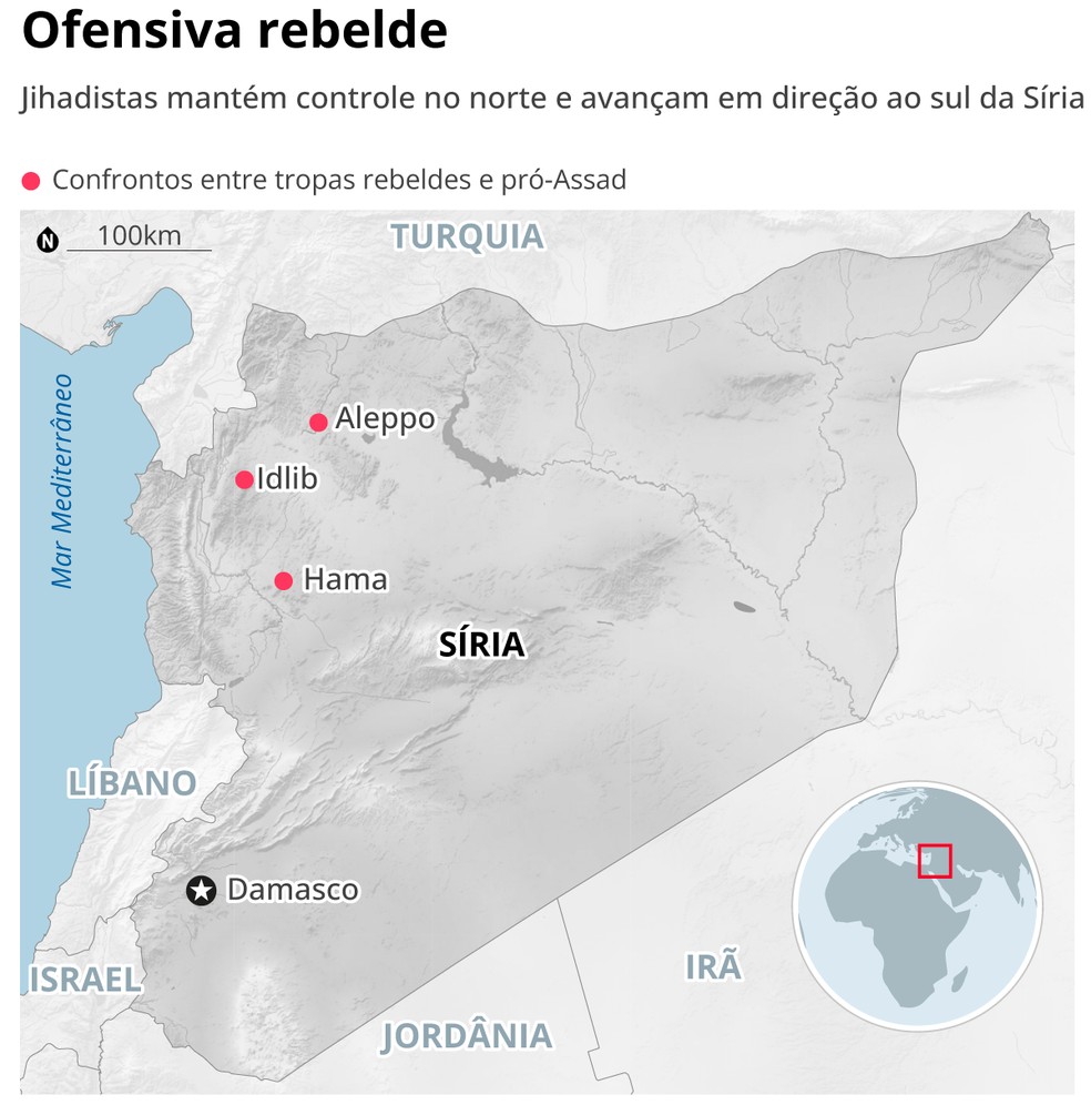 Ofensiva rebelde na Síria opõe jihadistas e tropas pró-Bashar al-Assad — Foto: Arte/O GLOBO