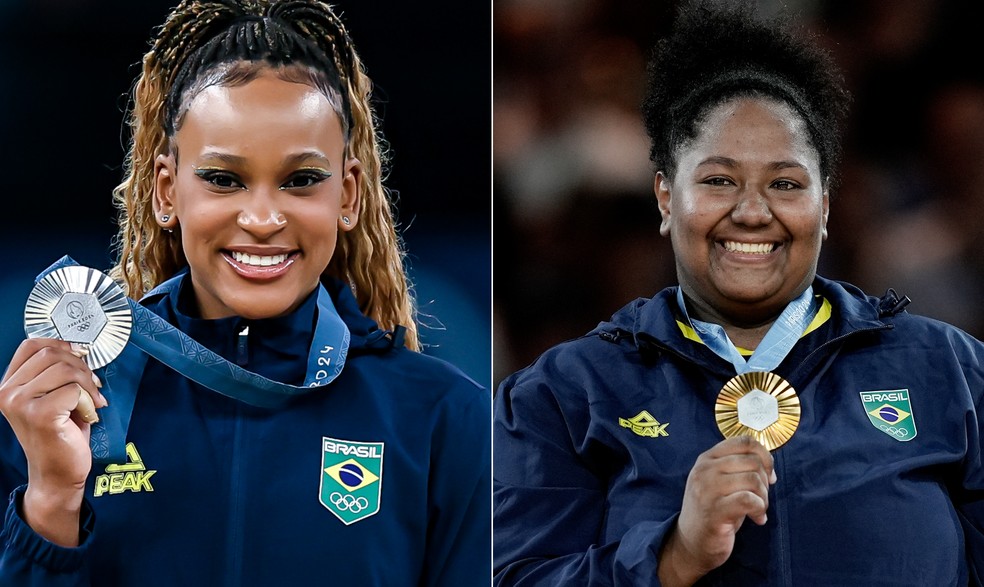 Rebeca Andrade e Beatriz Souza: além do ouro, atletas ganham premiação em dinheiro, mas terão de pagar IR — Foto: Montagem sobre fotos de Alexandre Loureiro/COB e Wander Roberto/COB