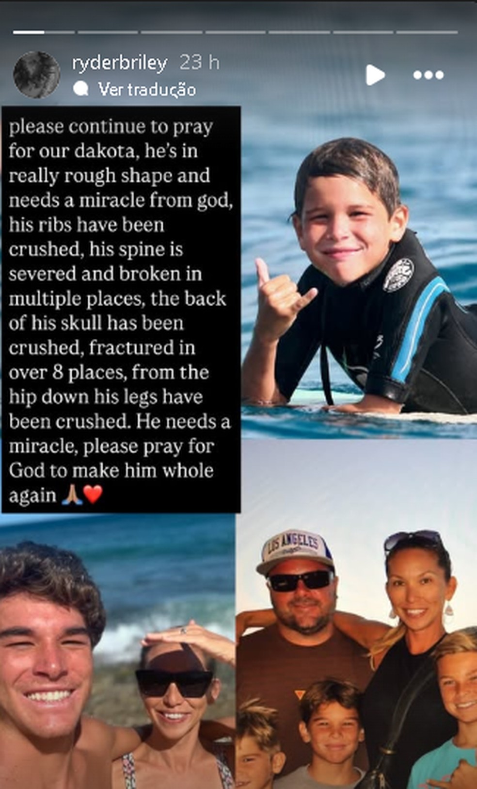 Ryder Briley, filho de lenda do surfe, compartilha no Instagram o estado do irmão, Dakota Briley, após acidente de carro neste sábado — Foto: Reprodução