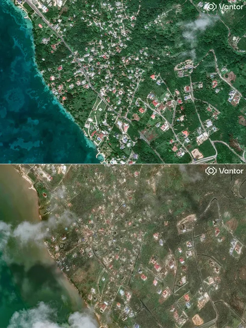 Antes e depois do Furacão Melissa na Jamaica — Foto: Reprodução