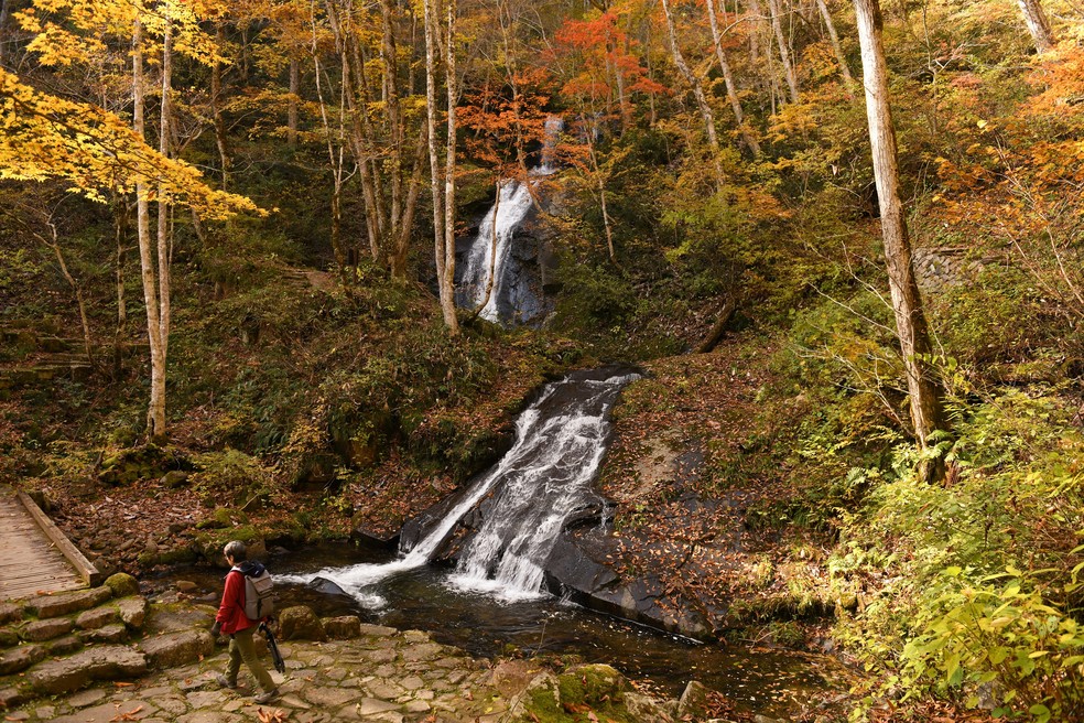 Visitante caminha aos pés de uma das muitas cachoeiras em um parque em Takayama, no Japão — Foto: Noriko Hayashi/The New York Times