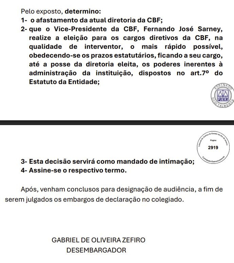 A decisão do desembargador Gabriel de Oliveira Zefiro que afastou Ednaldo Rodrigues — Foto: Reprodução