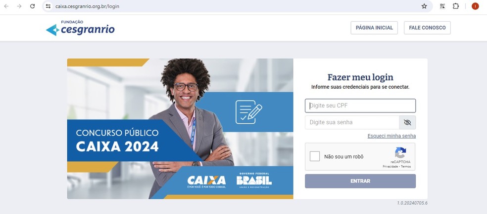 Área do site da Fundação Cesgranrio para o candidato fazer o login e ter acesso aos resultados das provas do Concurso da Caixa — Foto: Reprodução