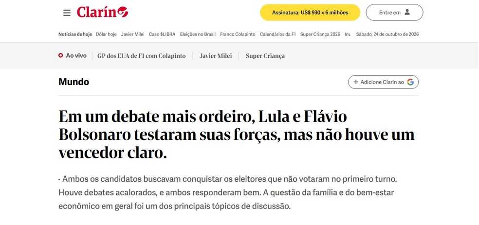 Jornal argentino avaliou que Lula e Flávio Bolsonaro mediram forças em um debate mais organizado, mas sem um vencedor claro — Foto: Reprodução/Clarín