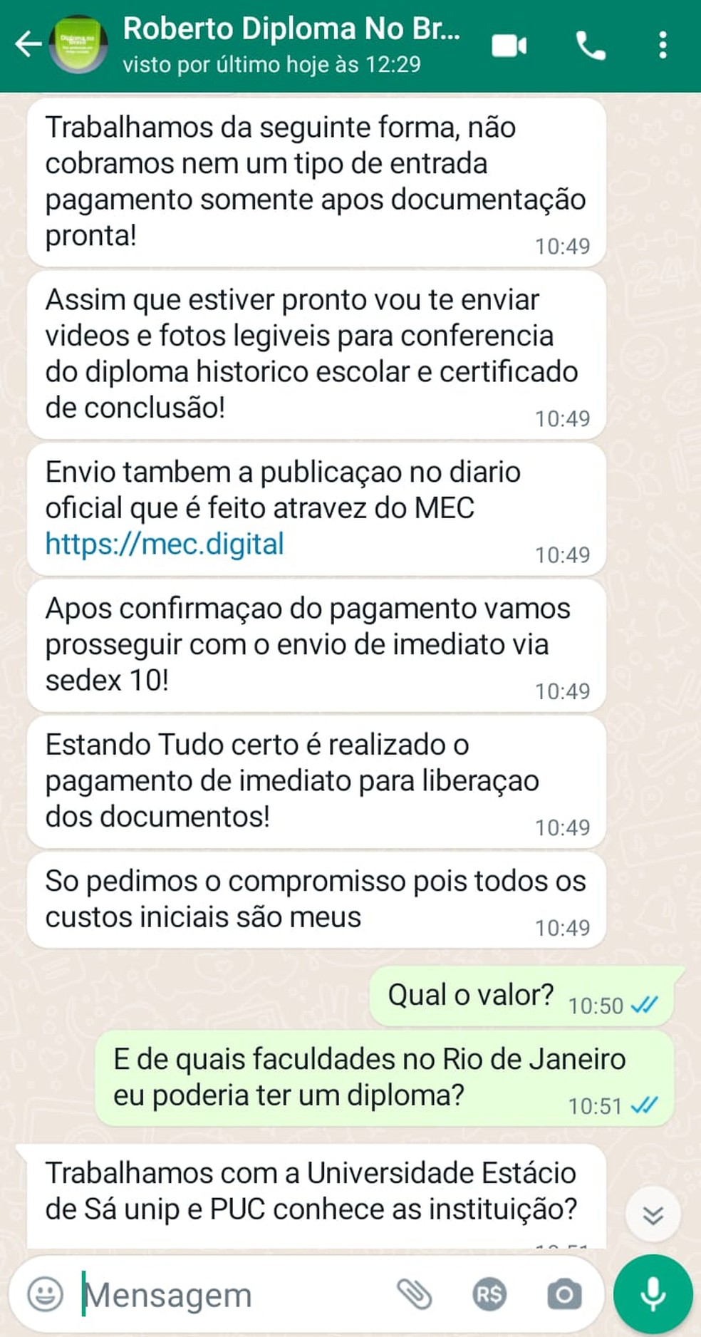 Print mostra como site que frauda diplomas age — Foto: Divulgação