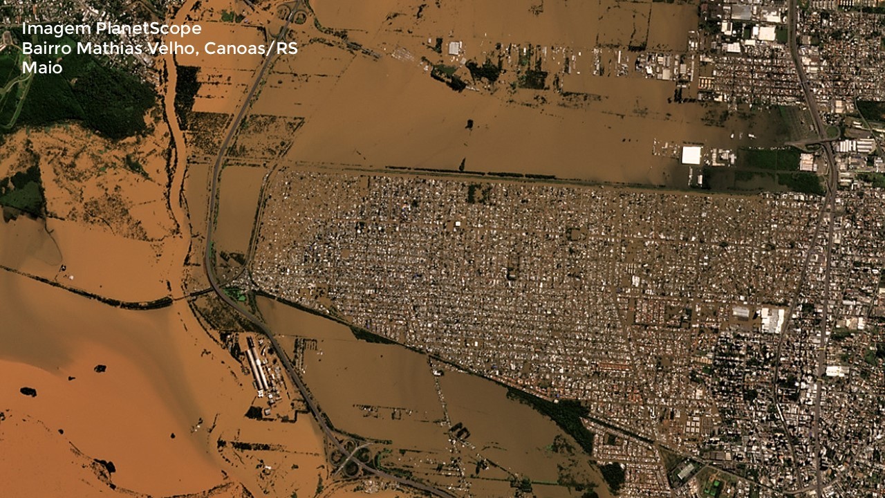 A cidade de Canoas, no Rio Grande do Sul, devastada por enchente - Imagem: SCCON / PlanetScope