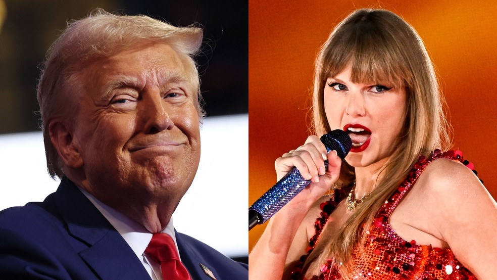 O ex-presidente Donald Trump publicou imagens falsas da cantora Taylor Swift e de seus fãs endossando a chapa republicana nas eleições presidenciais dos EUA — Foto: AFP