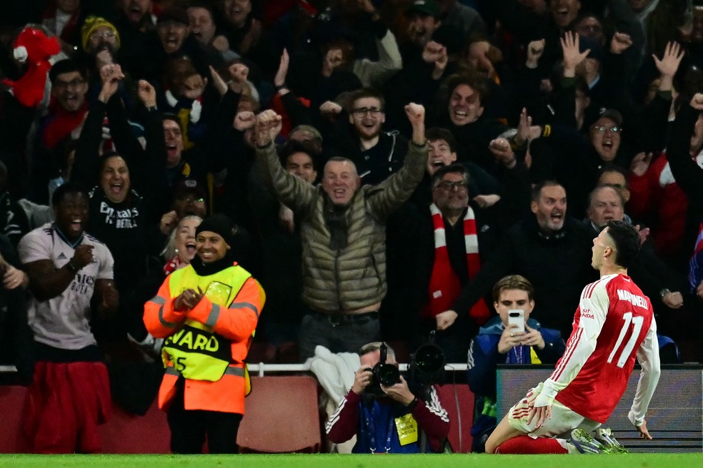 Gabriel Martinelli celebra gol na victoria del Arsenal sobre el Atlético de Madrid por la Champions League - Foto: Ben STANSALL / AFP