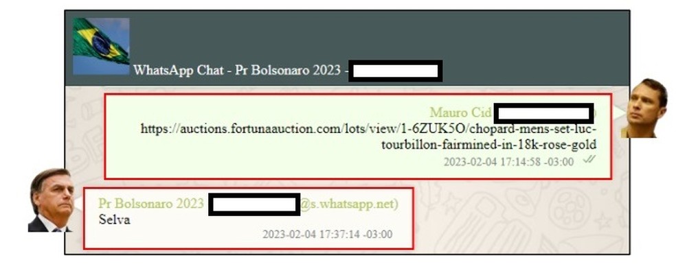 Troca de mensagens entre Jair Bolsonaro e Mauro Cid sobre leil&atilde;o de joias &mdash; Foto: Reprodu&ccedil;&atilde;o