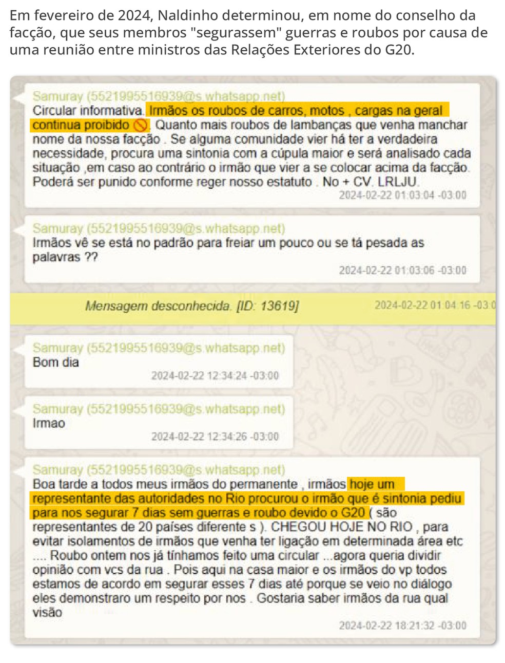 Comunicado de Naldinho aos integrantes do CV, enviado no dia 22 de fevereiro e obtido com exclusividade pelo GLOBO — Foto: Editoria de Arte