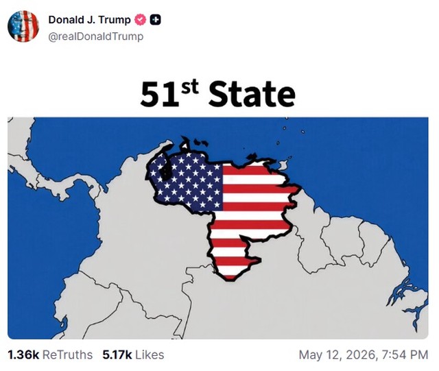 Trump publica imagem da Venezuela como o 51º estado dos EUA