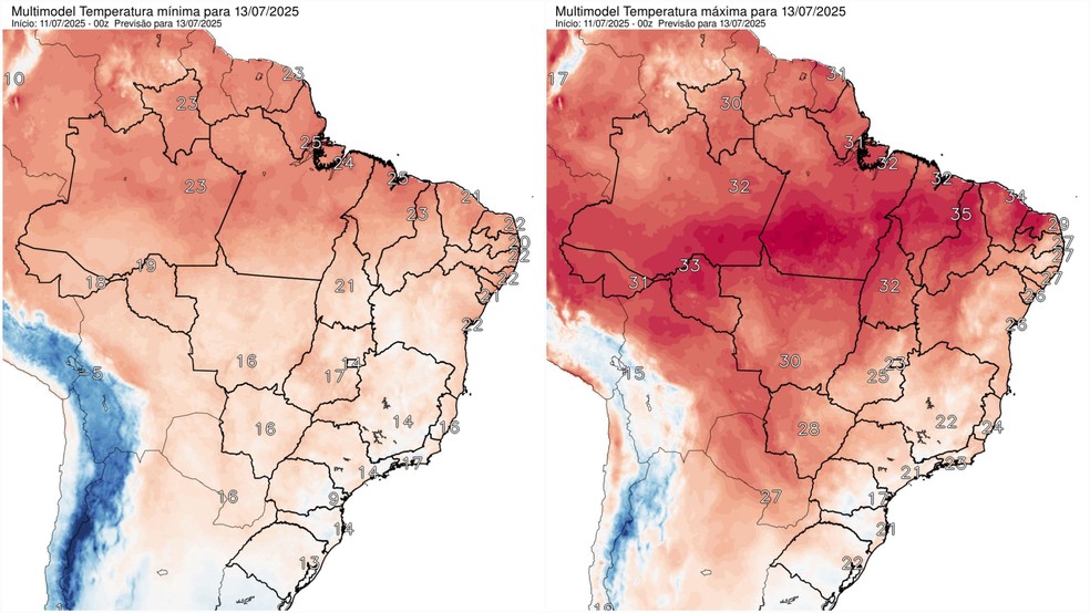 Temperaturas mínima (à esquerda) e máxima (à direita) previstas para as capitais do país no domingo (13/07) — Foto: Reprodução/Inpe