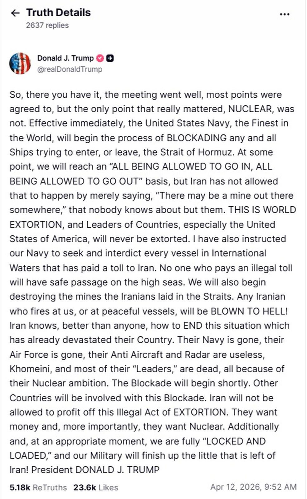 Postagem de Donald Trump na Truth Social — Foto: Captura de tela