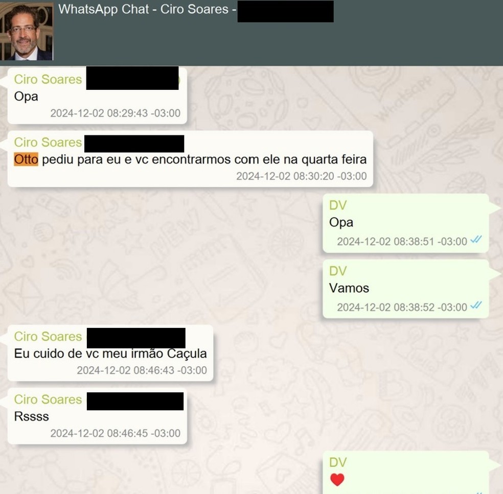 Conversa entre Ciro Soares e Daniel Vorcaro mencionando Otto Alencar — Foto: Reprodução