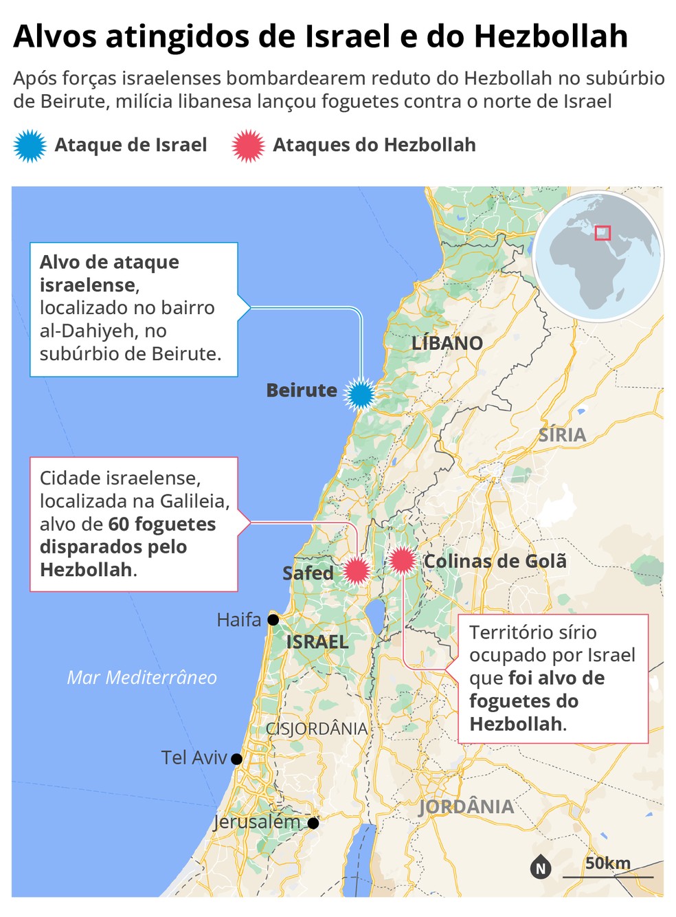 Áreas atingidas em troca de ataques entre Israel e Hezbollah — Foto: Arte/O GLOBO