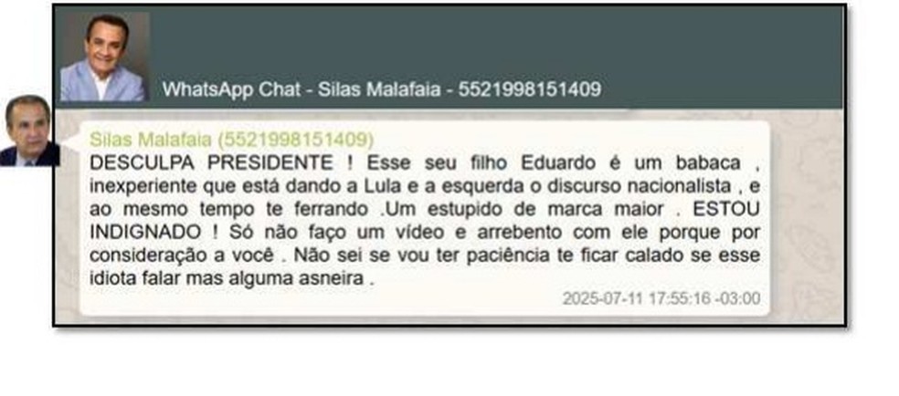Mensagem trocada entre Silas Malafaia e o ex-presidente Jair Bolsonaro — Foto: Relatório PF