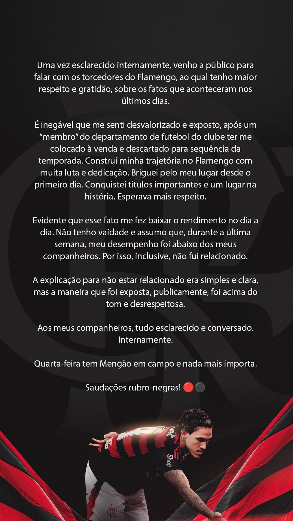 Pedro se pronuncia após ser cobrado publicamente por Filipe Luís — Foto: Reprodução