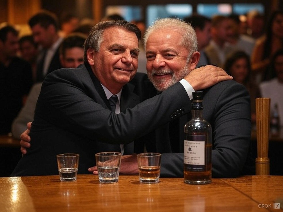 Foto editada de Jair Bolsonaro e Lula bebendo juntos – Imagem: Reprodução