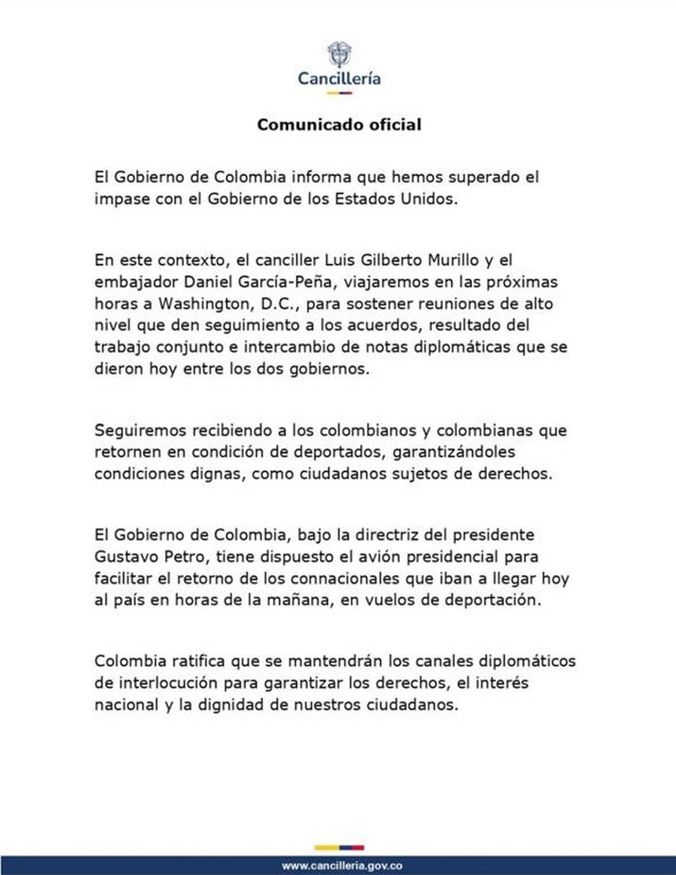 Comunicado oficial da Colômbia aceitando os termos dos EUA para repatriação de imigrantes — Foto: Reprodução