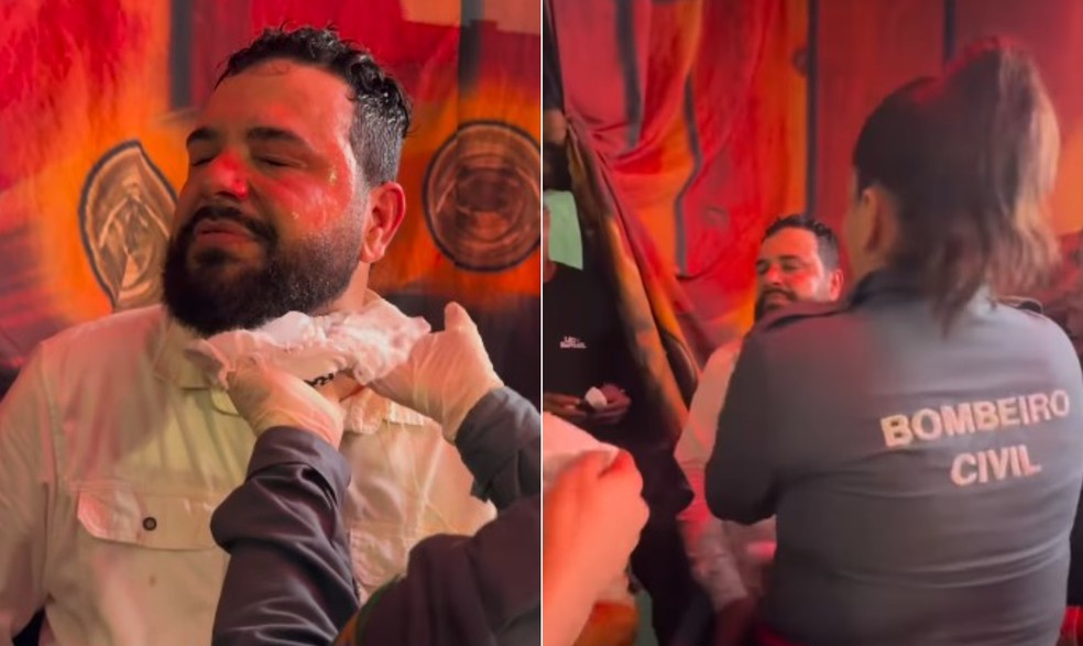 O cantor Léo Oliveira, da dupla com Raphael, é atendido por socorristas após sofrer acidente em show — Foto: Reprodução/Instagram