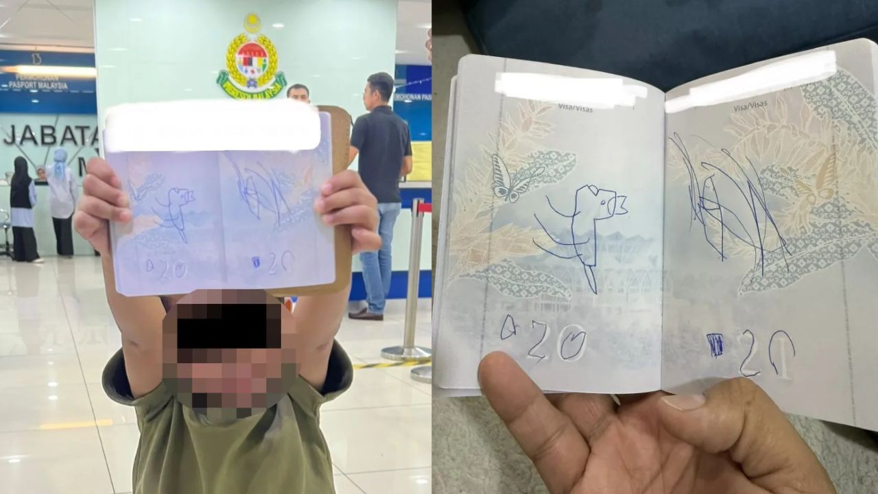 Filho desenha dinossauro em passaporte da mãe e obriga cancelamento de viagem internacional na última hora na Malásia
