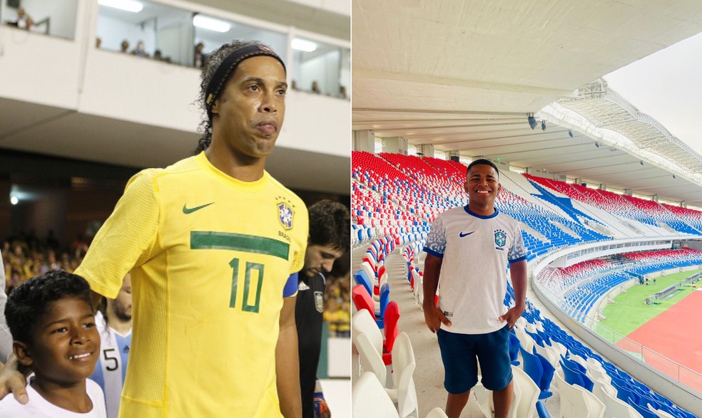 Doze anos após entrar com Ronaldinho Gaúcho em campo, Gabriel irá ao jogo da seleção no Mangueirão — Foto: Rafael Ribeiro/CBF e Arquivo Pessoal