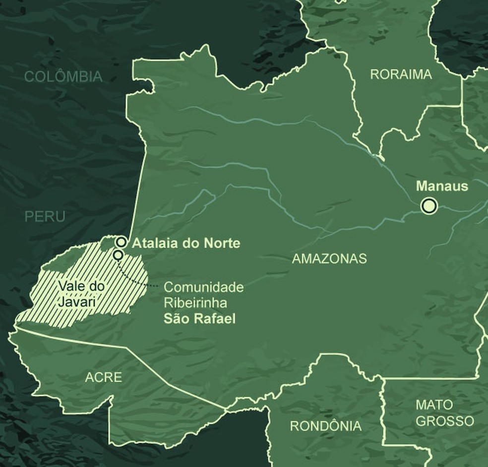 A comunidade São Rafael e a cidade Atalaia do Norte, para onde estavam indo. — Foto: O Globo