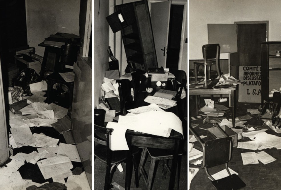 Imagens de salas na PUC-SP destruídas pela polícia na invasão de 1977 — Foto: Arquivo/PUC-SP