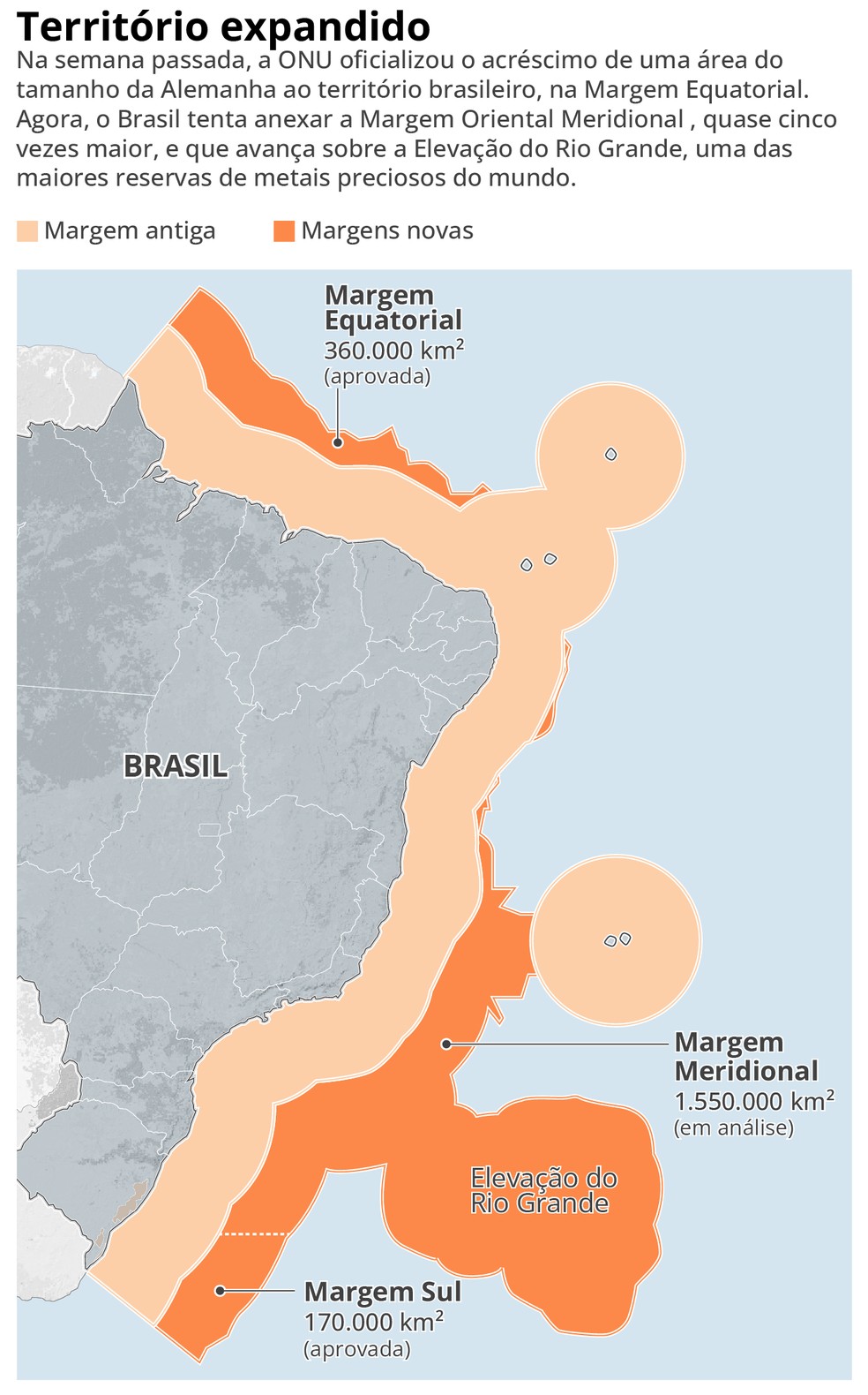 Mapa mostra áreas cobiçadas pelo Brasil, que pede reconhecimento de regiões no Atlântico — Foto: Arte O Globo