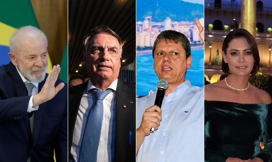 Da esq. para a dir.: Lula, Jair Bolsonaro, Tarcísio de Freitas e Michelle Bolsonaro