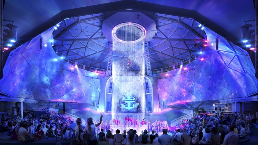 Na parte da frente do Icon of the Seas, o AquaDome  será o novo espaço para o show de acrobacias aquáticas, com direito a uma enorme cachoeira artificial indoor