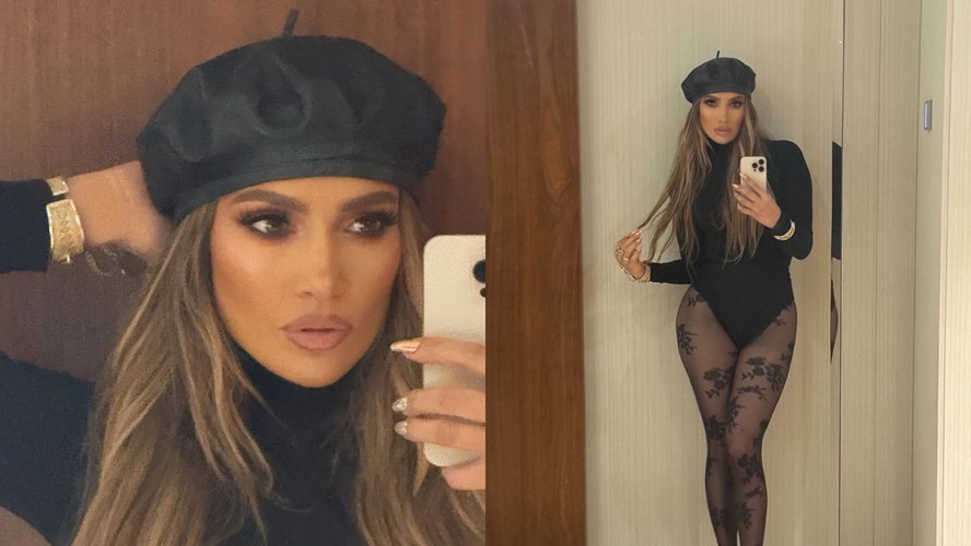 A cantora de 'Let's Get Loud' publicou no Instagram uma série de fotos nas quais aparece com meia-calça de renda, salto agulha preto, macacão de gola alta e boina de couro