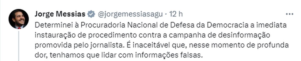 Eduardo Messias faz post sobre caso no Twitter — Foto: Reprodução
