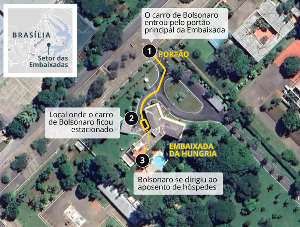 Mapa da embaixada da Hungria, em Brasília, onde Bolsonaro esteve — Foto: Arte O GLOBO