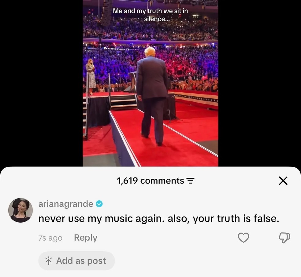 Comentário de Ariana Grande em vídeo de campanha de Trump — Foto: Reprodução | TikTok