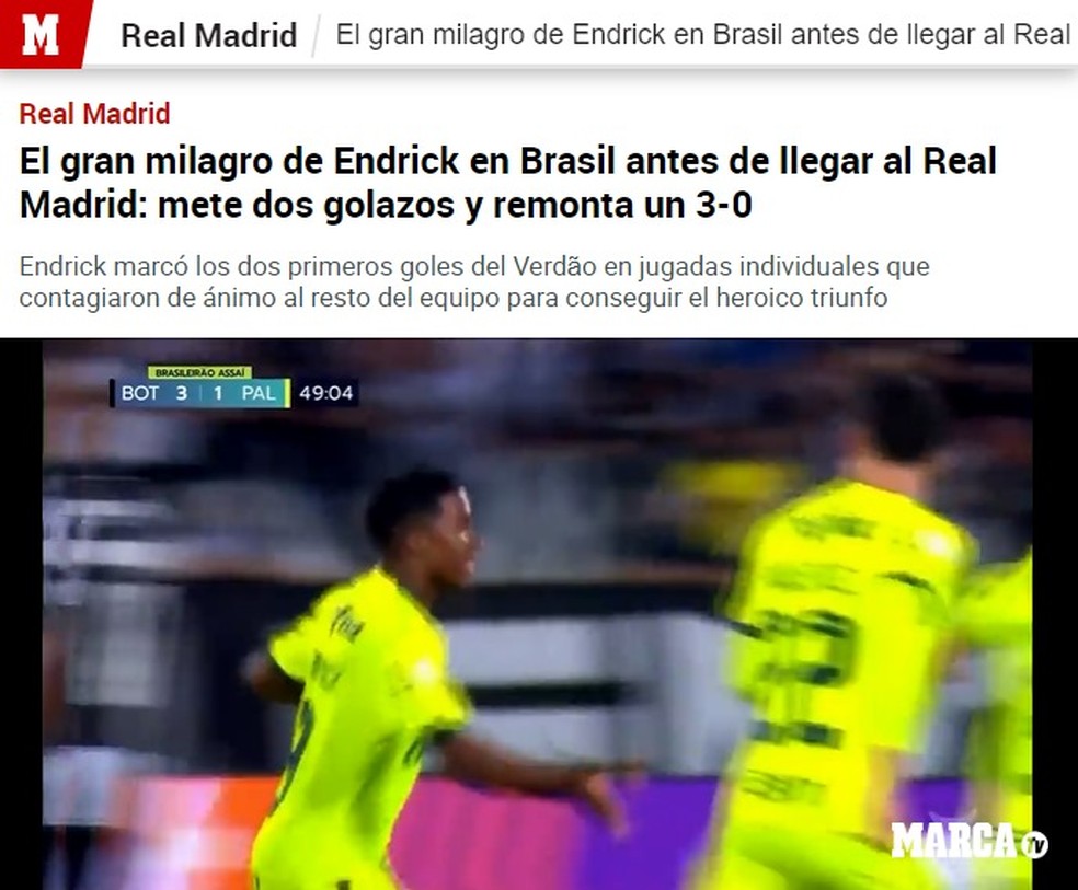 Endrick é destaque na imprensa espanhola após vitória do Palmeiras sobre o Botafogo — Foto: Reprodução