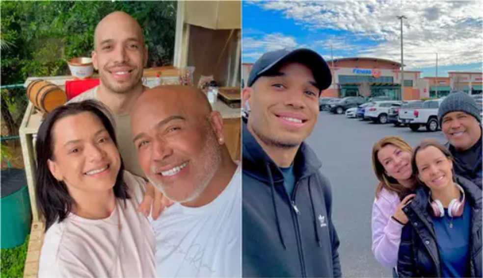 O cantor Rick (no canto direito, em ambas as fotos) com a esposa e os filhos — Foto: Reprodução/Instagram