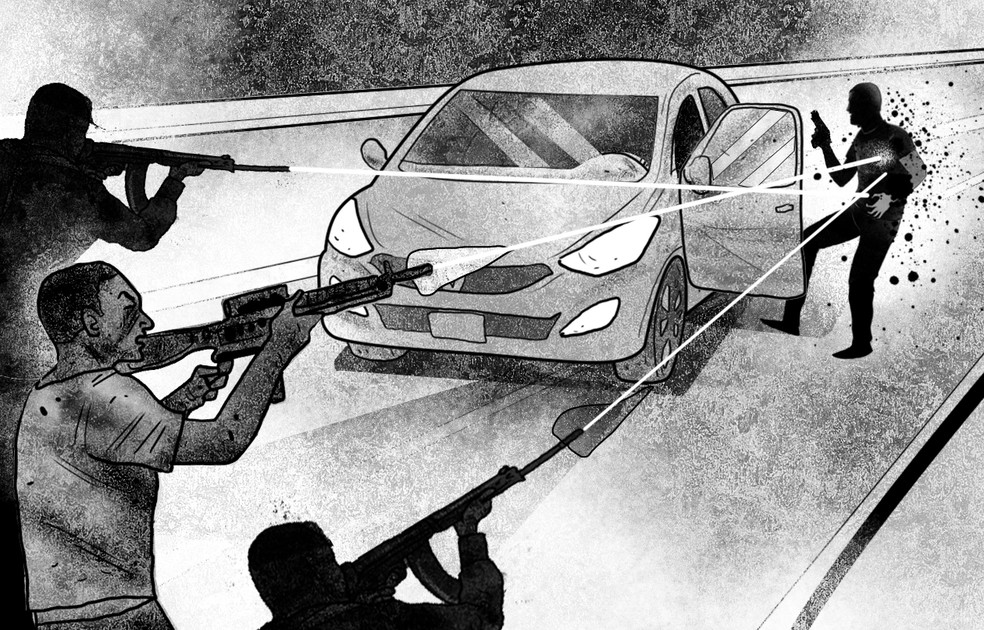 O policial sai do carro e os bandidos disparam. Marquini não chega a atirar — Foto: Editoria de Arte