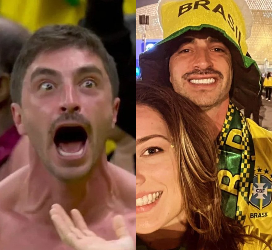Clóvis Carvalho é veterinário e morava no Catar, país-sede da Copa de 2022, quando virou meme por sua comemoração eufórica. Hoje em dia, as redes sociais dele são privadas Foto: Reprodução e Arquivo pessoal