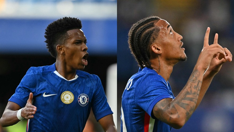 Estev&atilde;o e Jo&atilde;o Pedro no Chelsea em partida contra o Bayern Leverkusen