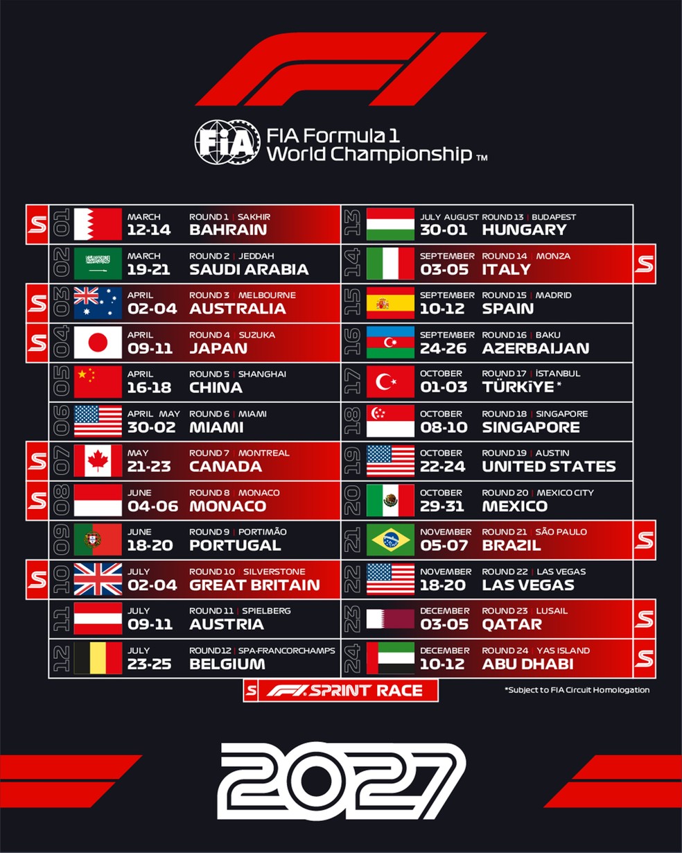 Calendário da Fórmula 1 para 2027 — Foto: Divulgação