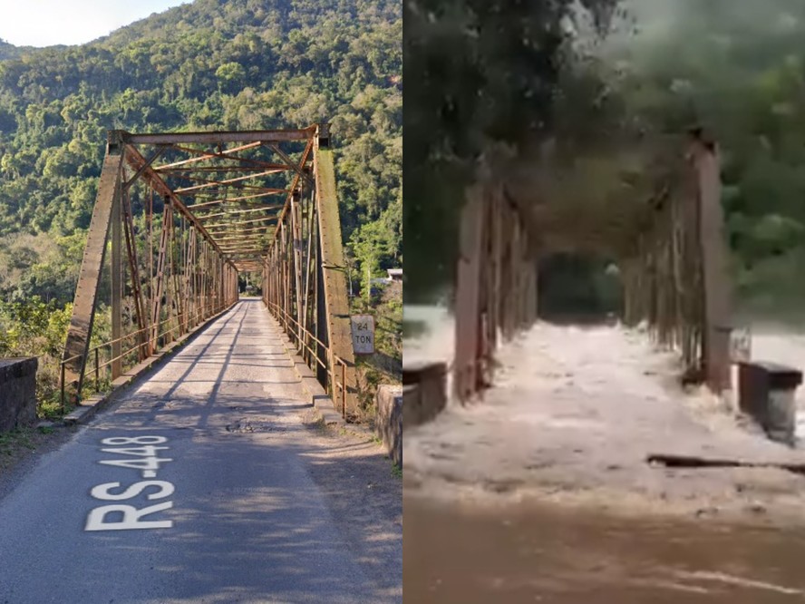 Ponte na cidade de Nova Roma do Sul foi parcialmente levada pela força das águas após nível do rio Tacuari subir mais de vinte metros
