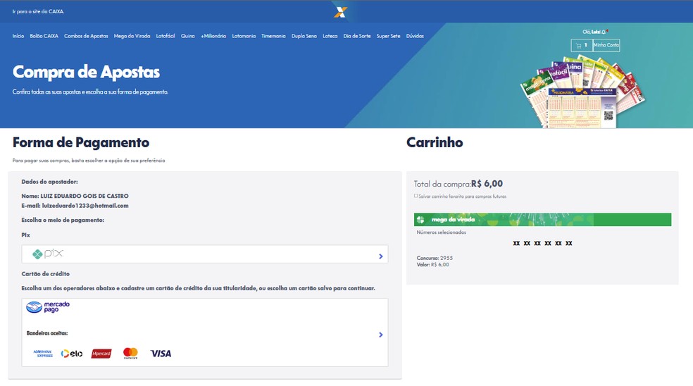Página do pagamento das apostas da Mega da Virada 2025 — Foto: Reprodução: Caixa Econômica Federal