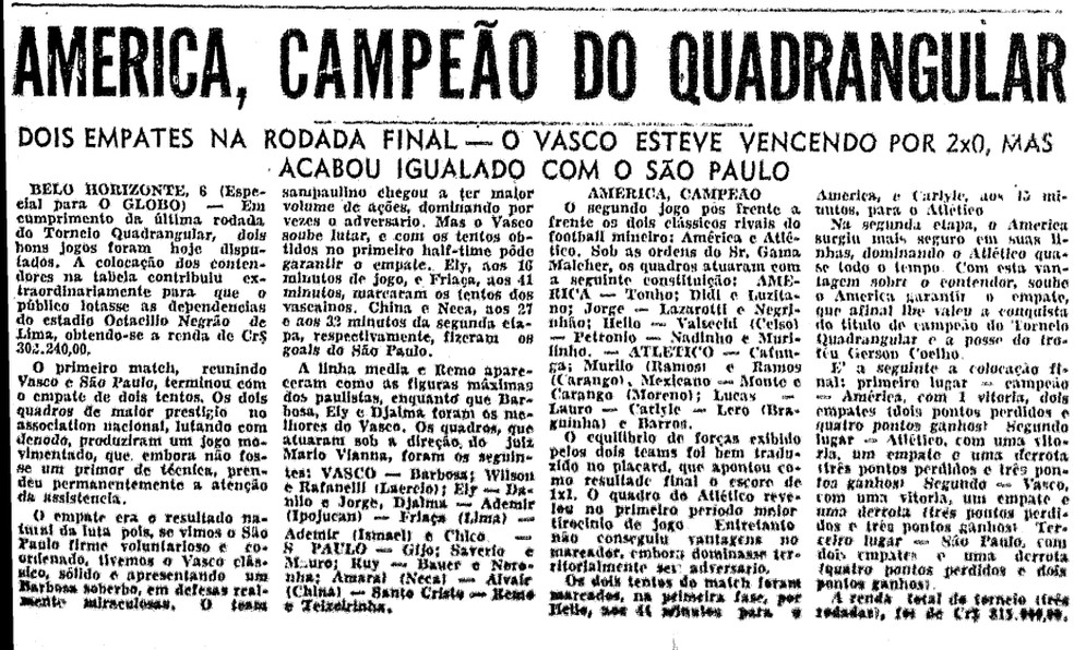 Record of América champion of Quadrangular on the pages of GLOBO — Photo: Acervo O Globo