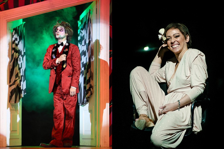 Eduardo Sterblitch à esquerda, em 'Beetlejuice, o musical'; à direita, Laila Garin em 'Elis, a musical'