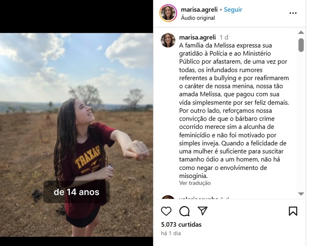 Família de adolescente morta em Uberaba pede que crime seja reconhecido como feminicídio — Foto: Reprodução Instagram