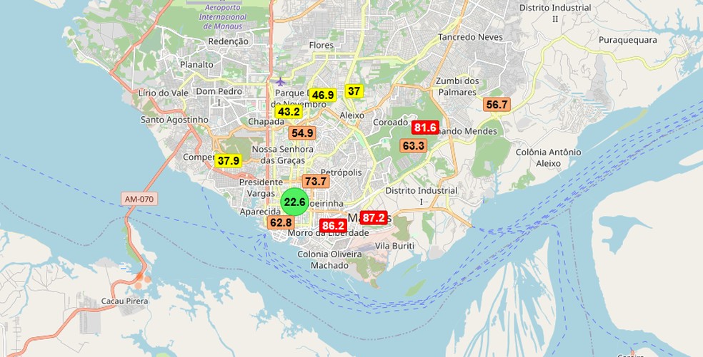 Selva registrou pior nível de poluição do ar em Manaus. Os pontos vermelhos mostram onde a qualidade o ar está péssima na tarde desta quarta-feira — Foto: Sistema Eletrônico de Vigilância Ambiental (Selva)