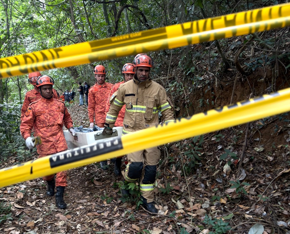 Corpos das vítimas do acidente de helicóptero sendo retirados pelos bombeiros na mata da Vista Chinesa — Foto: Ana Branco