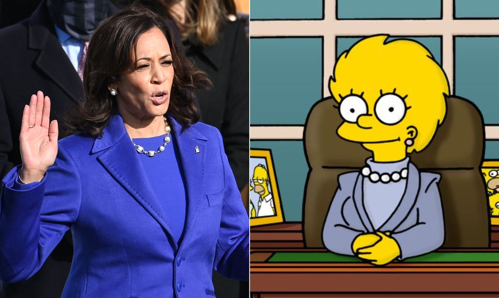 Em 2021, Kamala Harris surgiu com 'terninho' similar ao que Lisa usava em episódio em que aparecia no comando da Casa Branca — Foto: Brendan Smialowski/AFP e reprodução