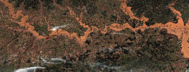 Imagem mostra a inundao ao longo do Rio Jacu  Foto: Imagem de satlite 2024 Maxar Technologies / AFP